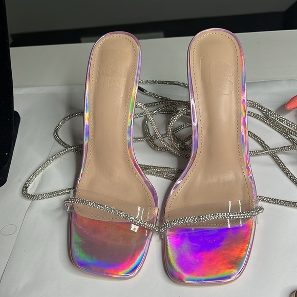 Wrap Around Sz 7.5 Soft Crystal Embossed Wraparound Pink Purple Metallic Heels - Picture 10 of 16